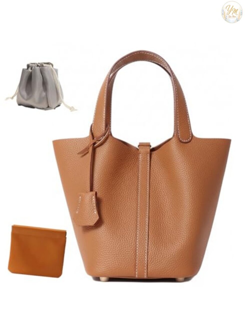 Genuine Leather Bucket Bag, Top-Handle Satchel Handbag with Lock